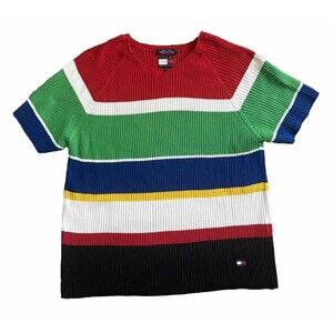 Vtg TOMMY HILFIGER Ribbed Pullover Colorful Sweater Size Large